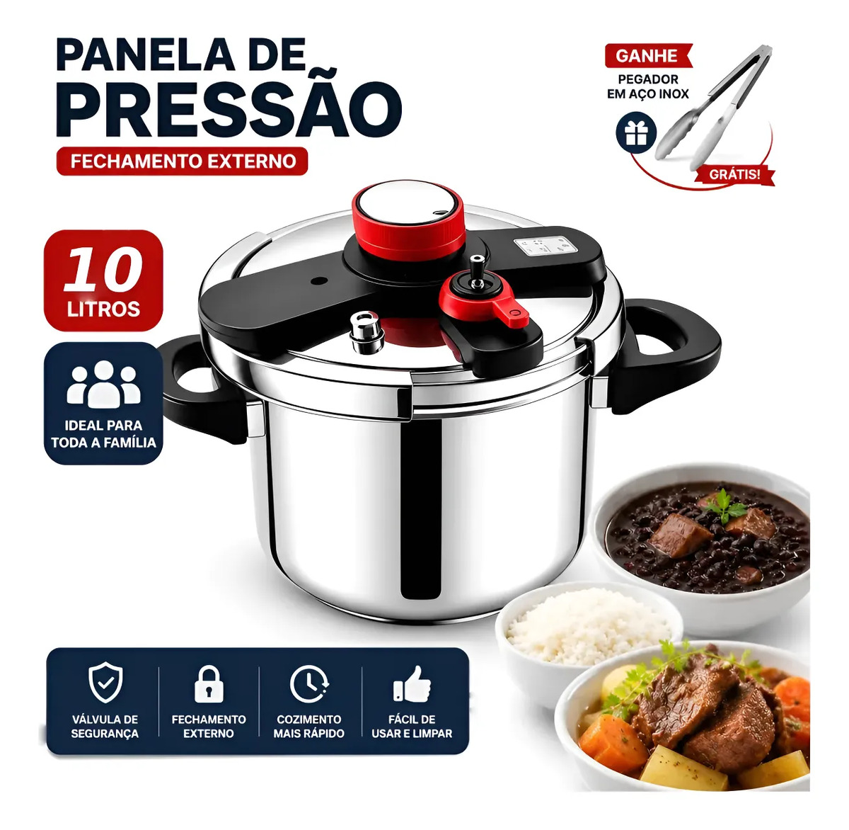 Imagem 1 de 10 de Panela De Pressão Inox Triplo Fundo Para Indução 10l