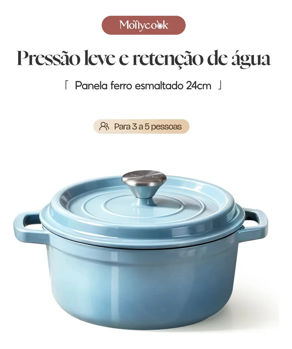 Imagem 1 de 11 de Panela Caçarola De Ferro Esmaltado 24cm 3.8L Fogão Indução Azul Mollycook