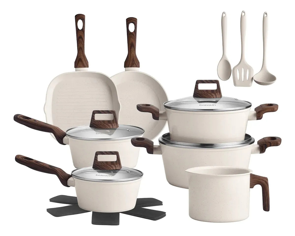 Imagem 1 de 9 de Jogo Conjunto de Panelas Caçarolas 12 Peças Indução Revestimento Cerâmico Antiaderente Fundo Triplo Bravia Cookware
