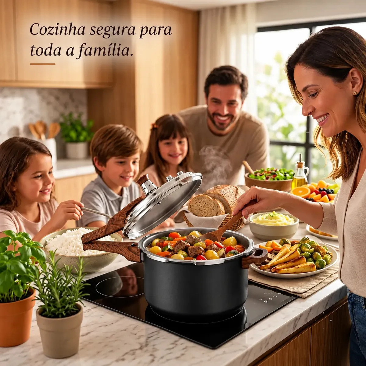 Imagem 1 de 10 de Panela de Pressão 4,2L Alumínio Revestimento Cerâmico Antiaderente Indução Fundo Triplo 4 Válvulas de Segurança Tampa Inox Turim preto Divinamente
