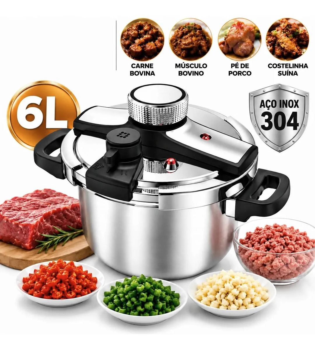 Imagem 1 de 10 de Panela De Pressão Inox 6l Indução Gás Fundo Triplo Com Trava