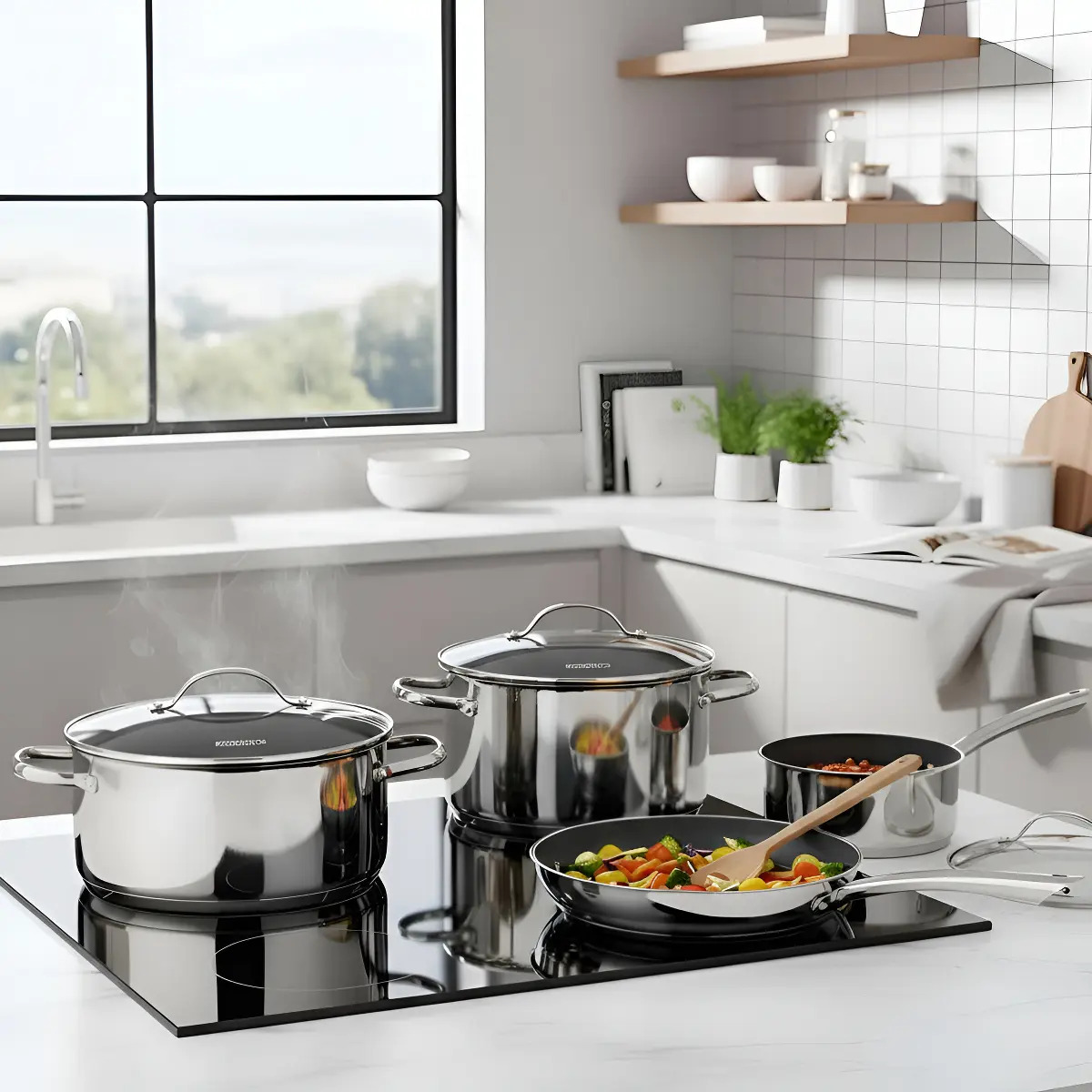 Imagem 1 de 11 de Jogo De Panelas Tramontina Una Ceramic Inox Fundo Triplo 4pc