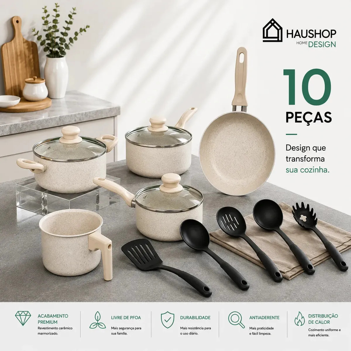 Imagem 1 de 7 de Jogo Panelas Cerâmico Haushop 10 Peças Antiaderente Creme