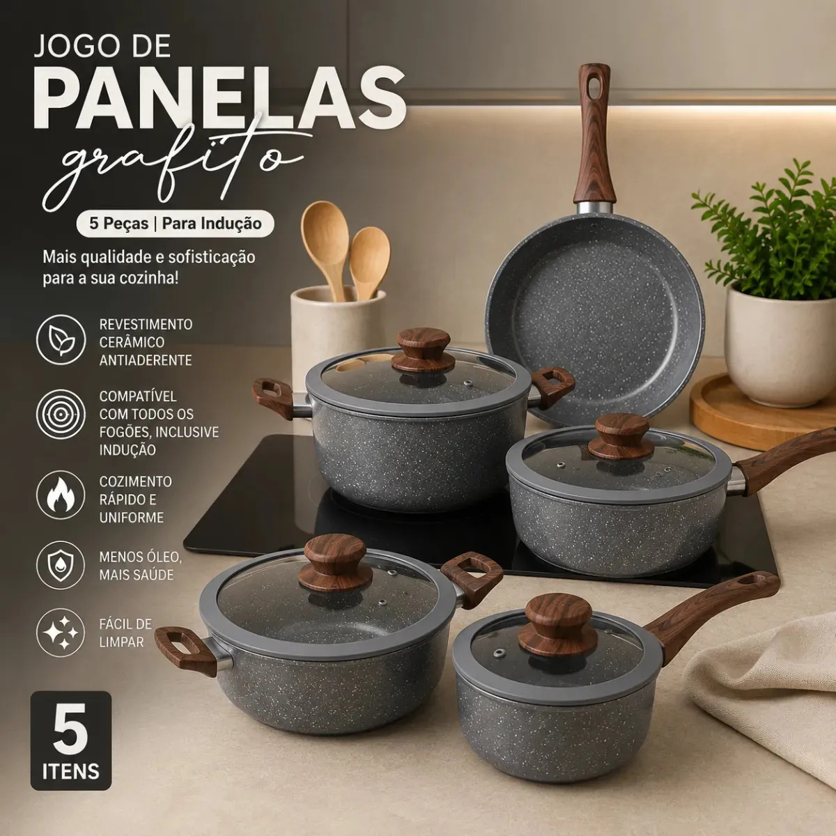 Imagem 1 de 10 de Jogo De Panelas 5 Peças Cerâmica Antiaderente Marmorizada Gourmet Indução Eletrico Gás Grafito Ceramic