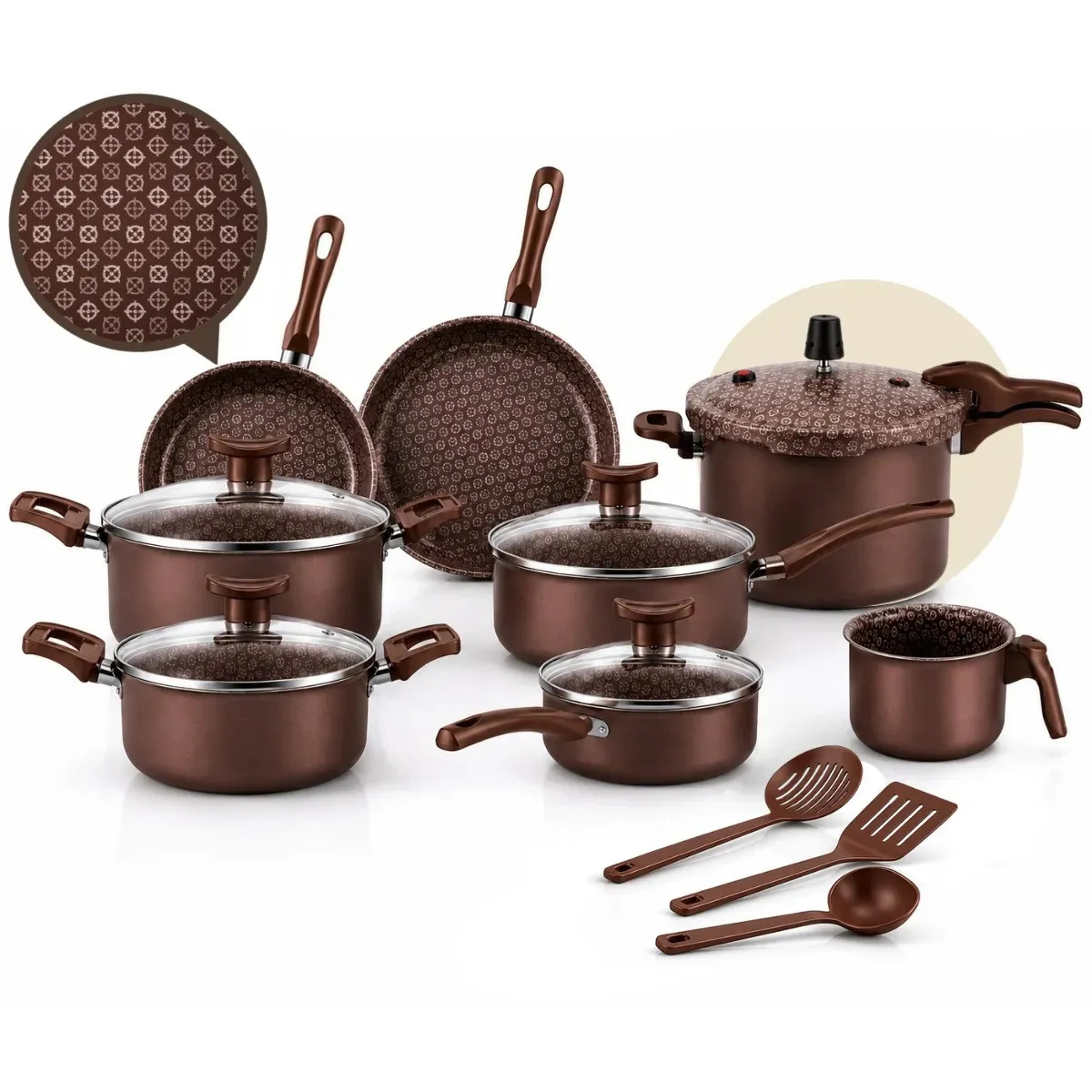 Imagem 1 de 8 de Conjunto De Panelas 11 Peças Antiaderente Com Panela de Pressão E Utensílios Fogão A Gás Marrom