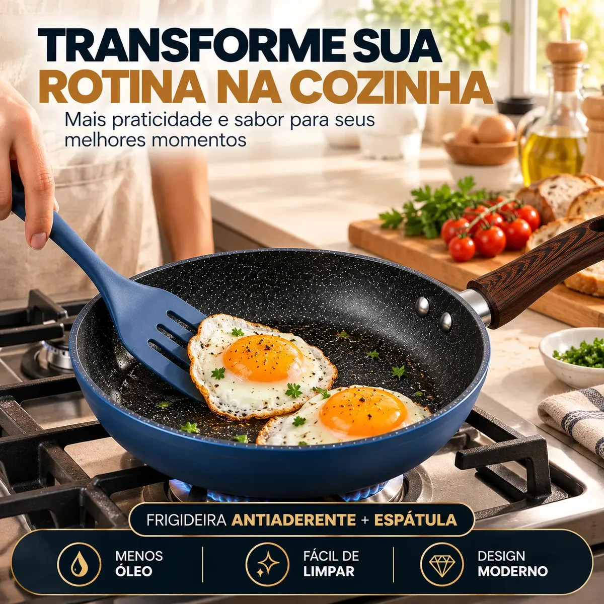 Imagem 1 de 7 de Frigideira Antiaderente 24cm Preta Granito com Espátula azul Cabo Amadeirado para Indução Gás Elétrico e Vitrocerâmico