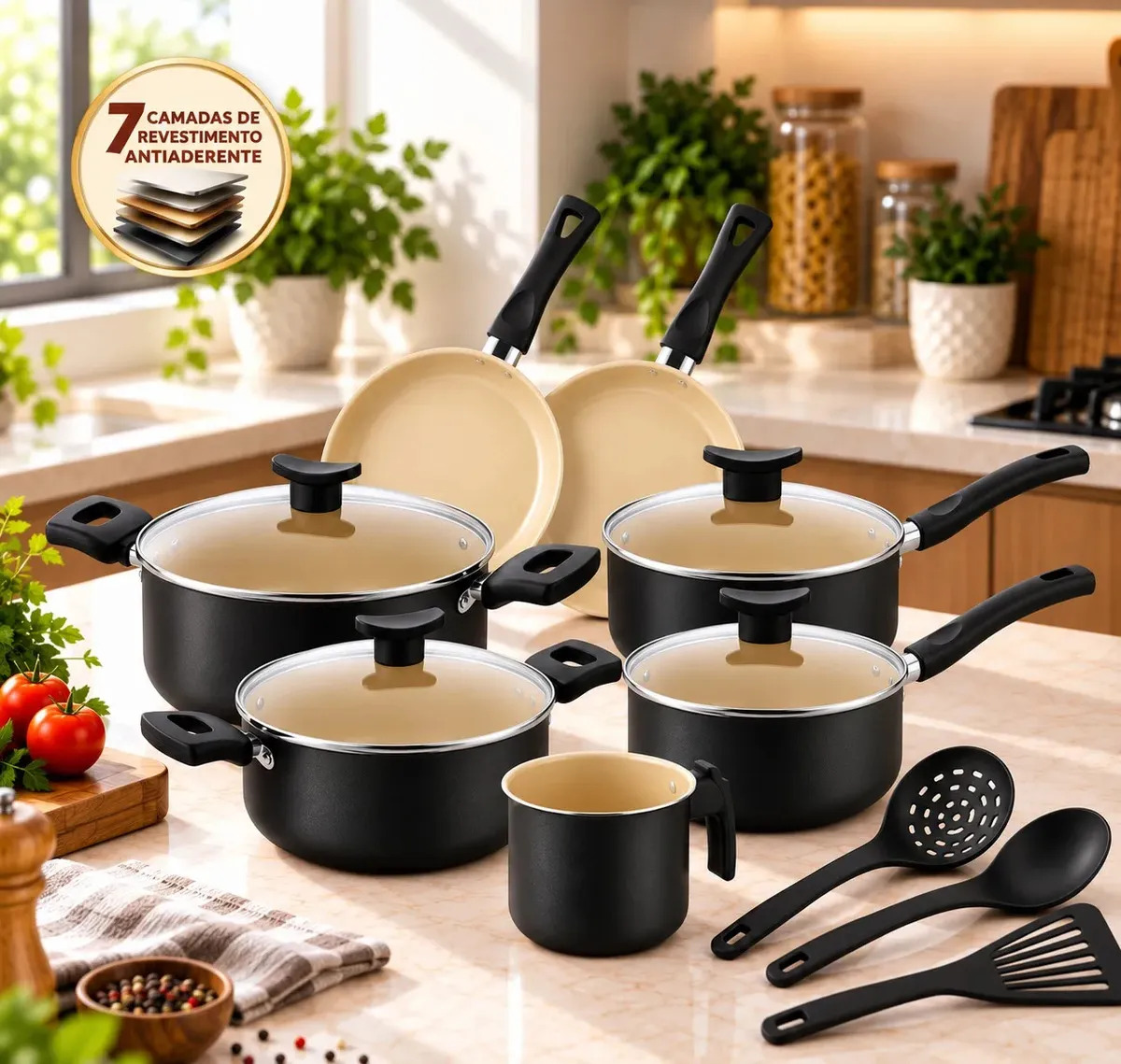 Imagem 1 de 8 de Jogo de Panelas Antiaderente 7 Camadas 10 Peças Kit Cozinha Casa Nova com Tampas de Vidro Caçarolas Frigideiras Retas Fundas Fervedor Leiteira e Utensílios Conjunto Compacto Dia a Dia Preto e Bege